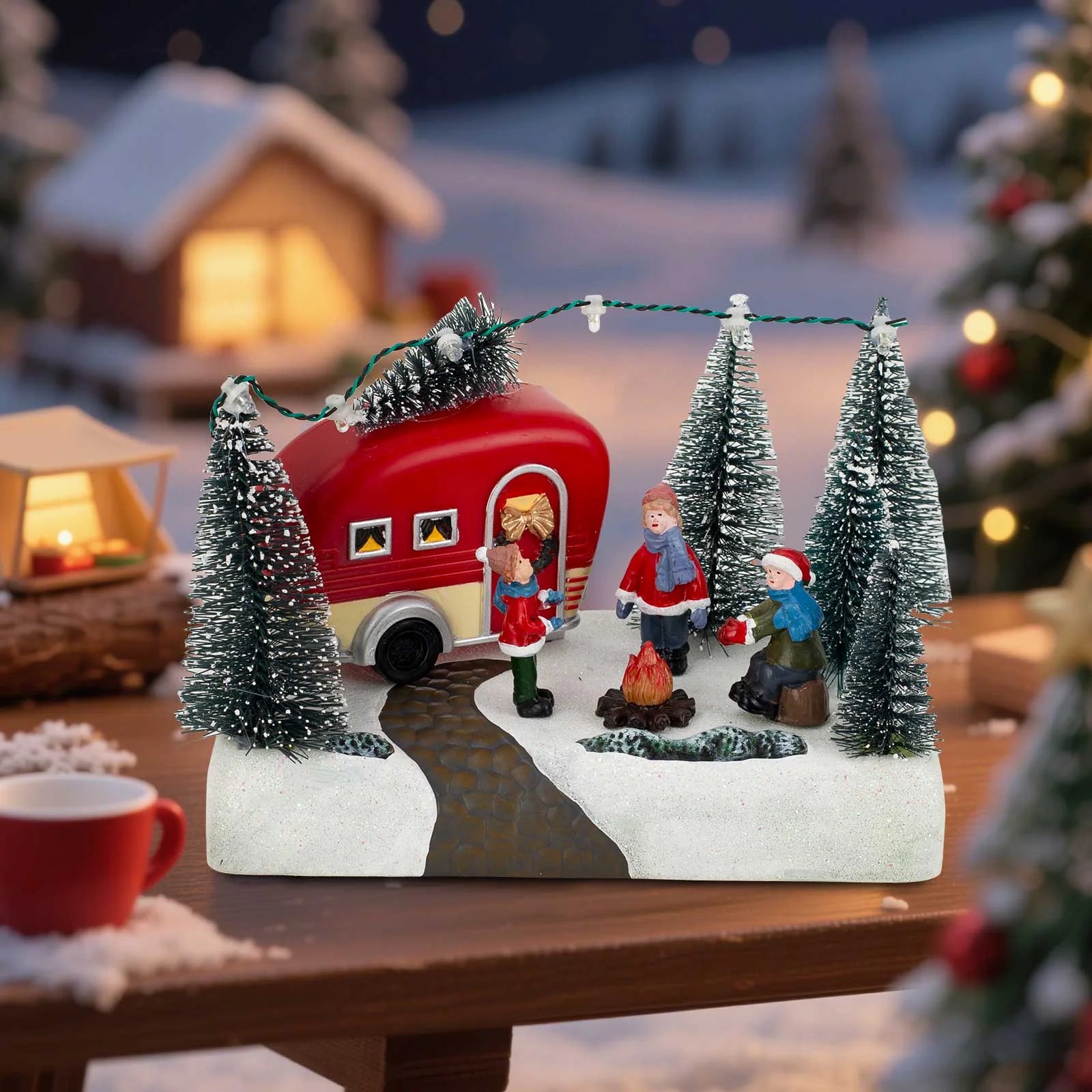 LED Musical Christmas Camper Decoration - Indoor Holiday Tabletop Display Featuring Village Scene, Campfire, and Caravan Figurine