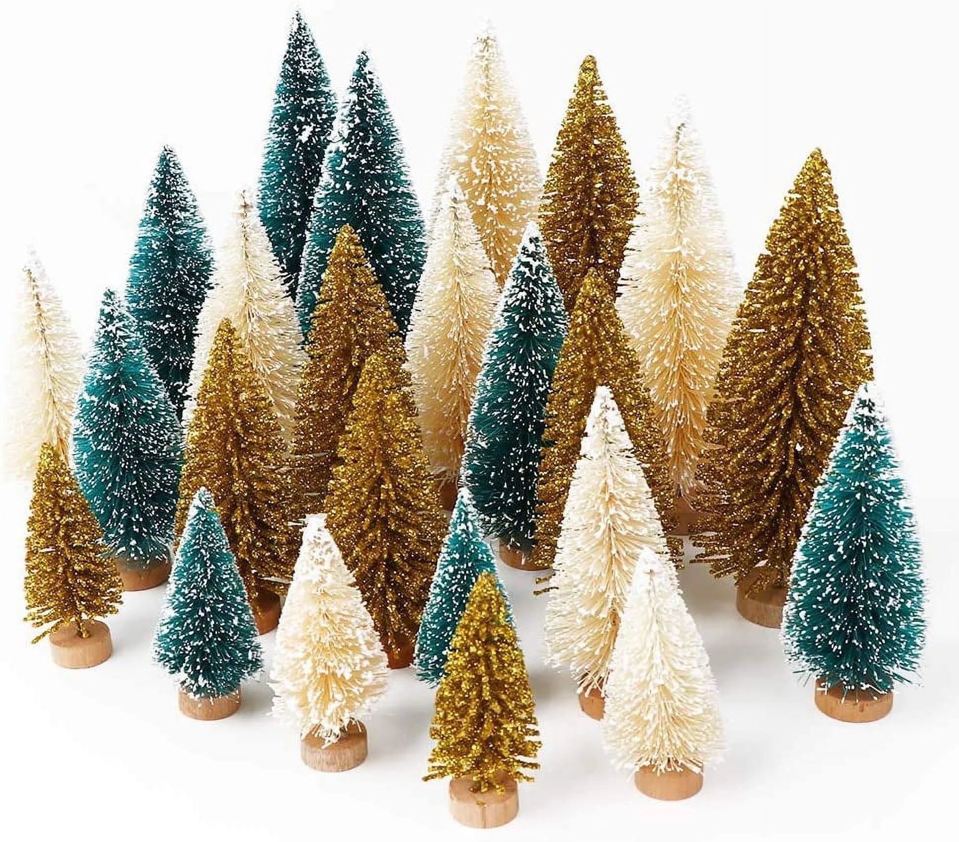Ayieyill 30-Piece Upgraded Sisal Pine Mini Christmas Tree Set with Wooden Base - Elegant Bottle Brush Tabletop Decor in Green, Gold, and Ivory