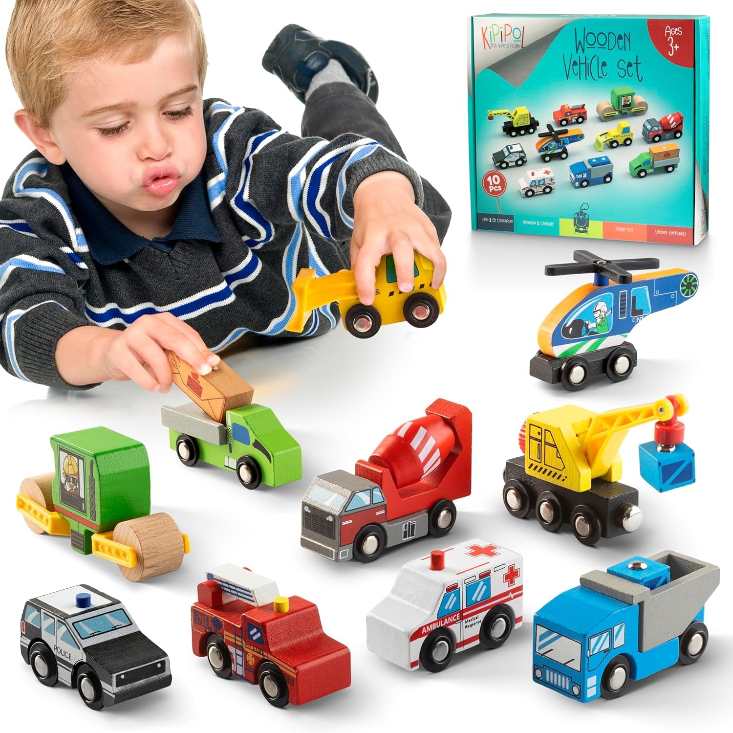 10-Piece Wooden Train Set Accessories for Toddler Car Toys Compatible with Thomas, Brio, IKEA, and Melissa & Doug - Ideal Stocking Stuffers and Gifts for Children Ages 4-8 and Up