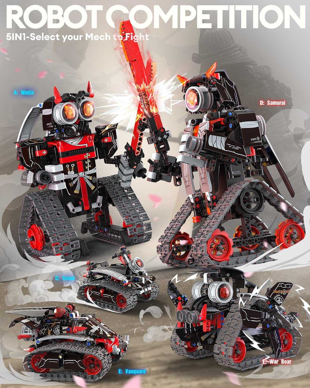 5-in-1 STEM Remote-Controlled Robot Building Kit with APP, Samurai/Ninja Blocks, 419 Pieces, Educational DIY Erector Set for Children Ages 6 and Up