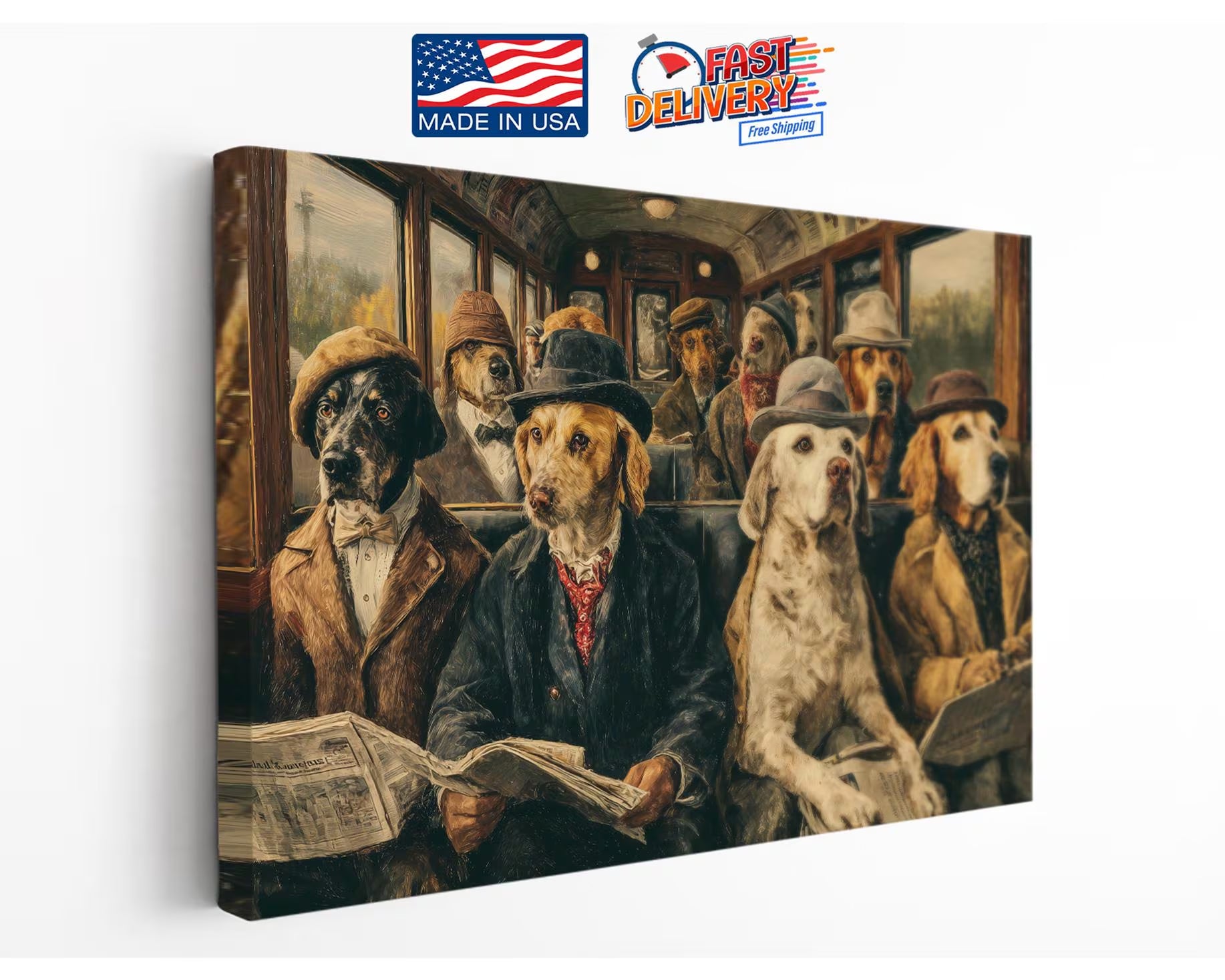 Dogs on a Train Canvas Wall Art: Vintage-Inspired Dog Portraits - Available Framed or Rolled, Premium Durable Canvas for Office and Home Decor