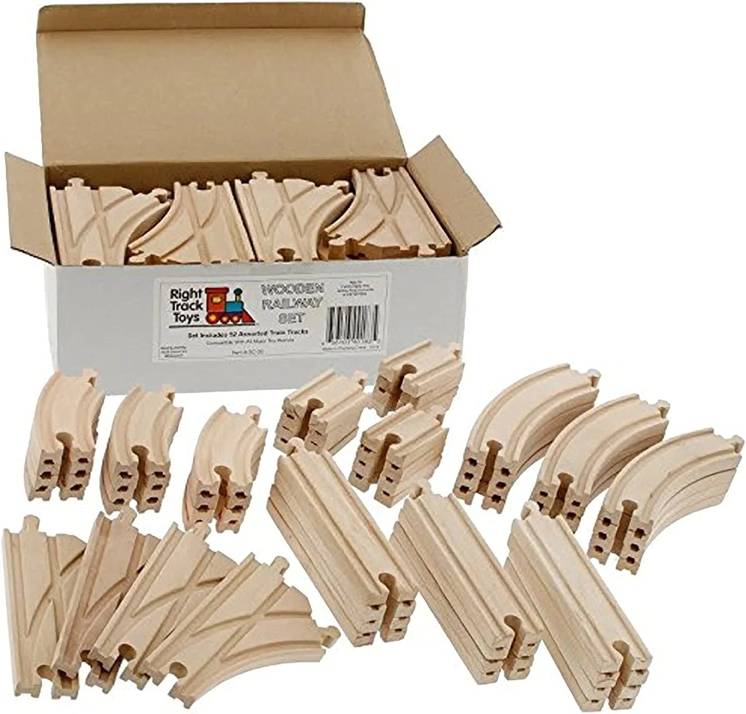 Wooden Train Track 52 Piece Set - 18 Feet of Track Expansion and 5 Distinct Pieces - 100% Compatible with All Major Brands Including Thomas Wooden Railway System - by