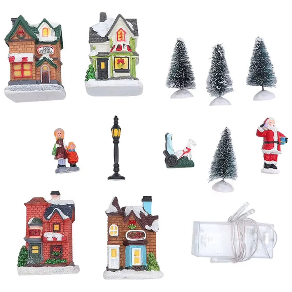 12-Piece Miniature Resin Christmas Village Figurine Set with LED Illumination for Winter Holiday Decoration