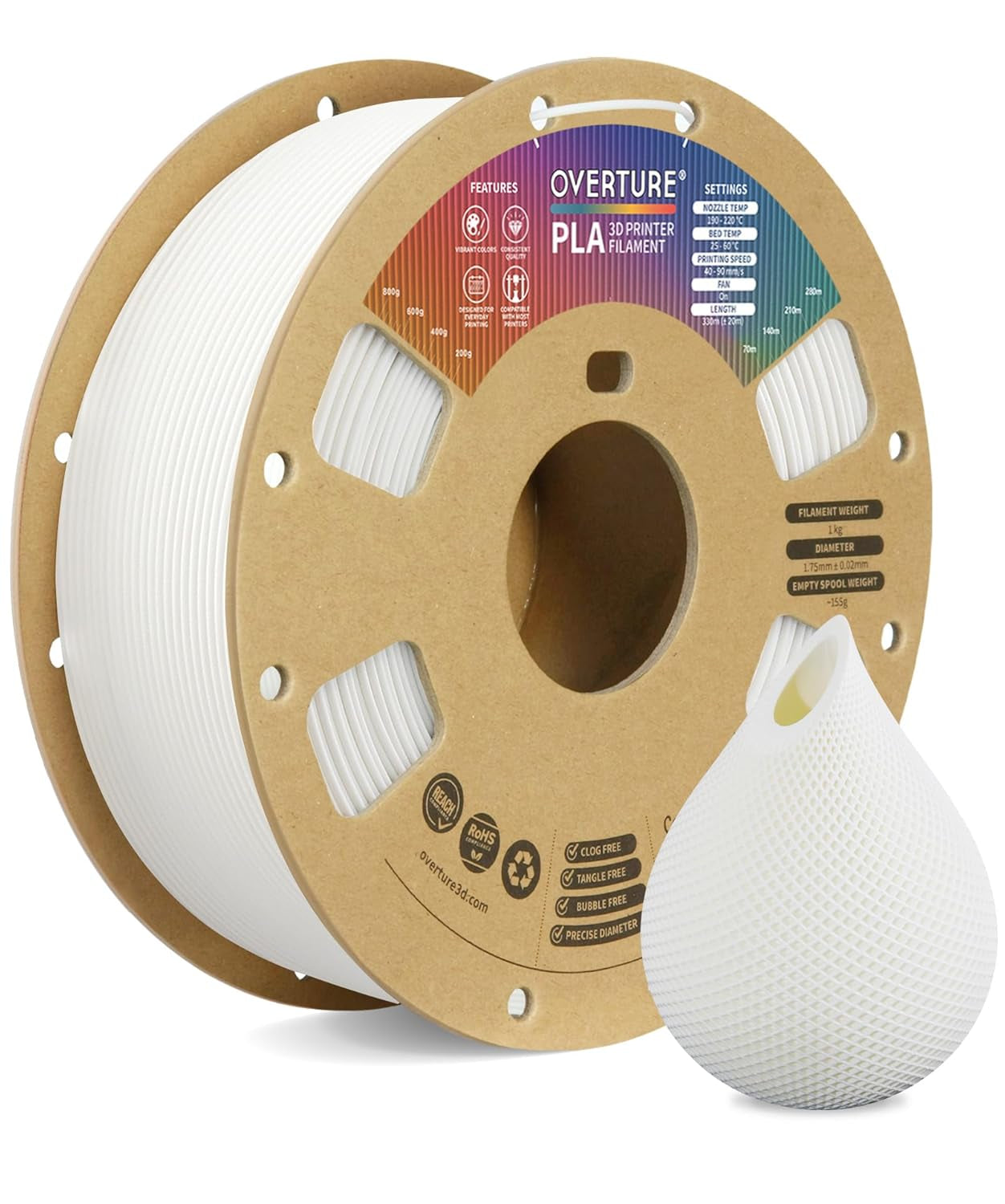 OVERTURE 1.75mm PLA 3D Printer Filament - 1kg (2.2lbs) Cardboard Spool, Dimensional Accuracy +/- 0.02mm, Compatible with Most FDM Printers (White, Single Pack)