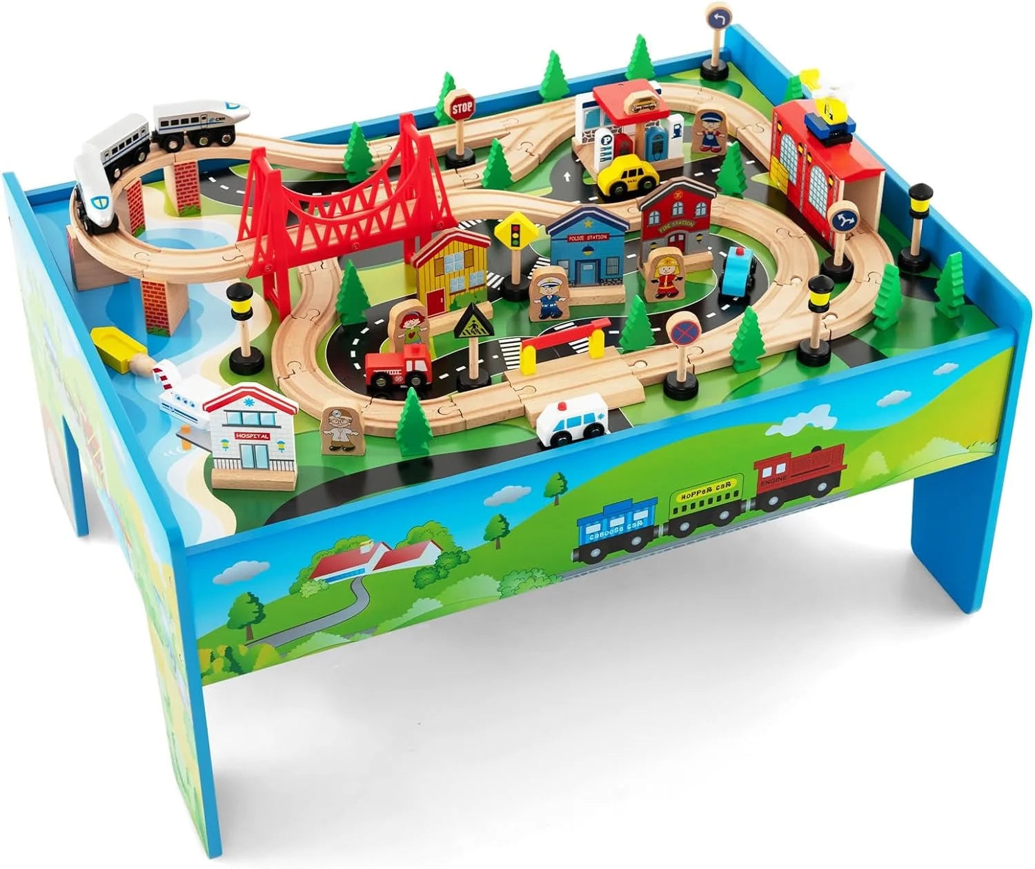 Train Table, 80 Pieces Wooden Kids Activity Toy Table Playset with Reversible Detachable Tabletop, Tracks, Train, Railway, City, Gift for Toddler Boys Girls Ages 3+