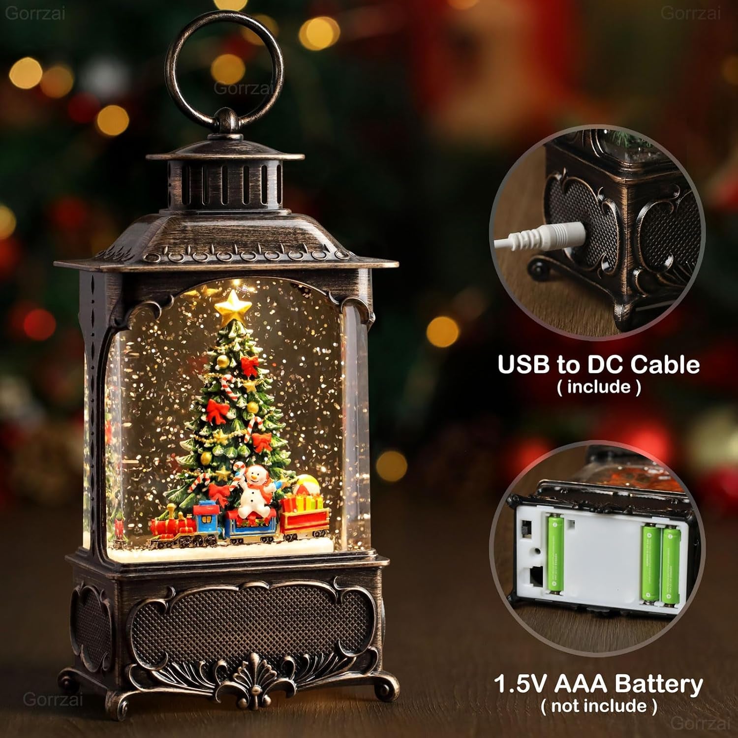 Christmas Snow Globe Lantern with Train & Swirling Glitter