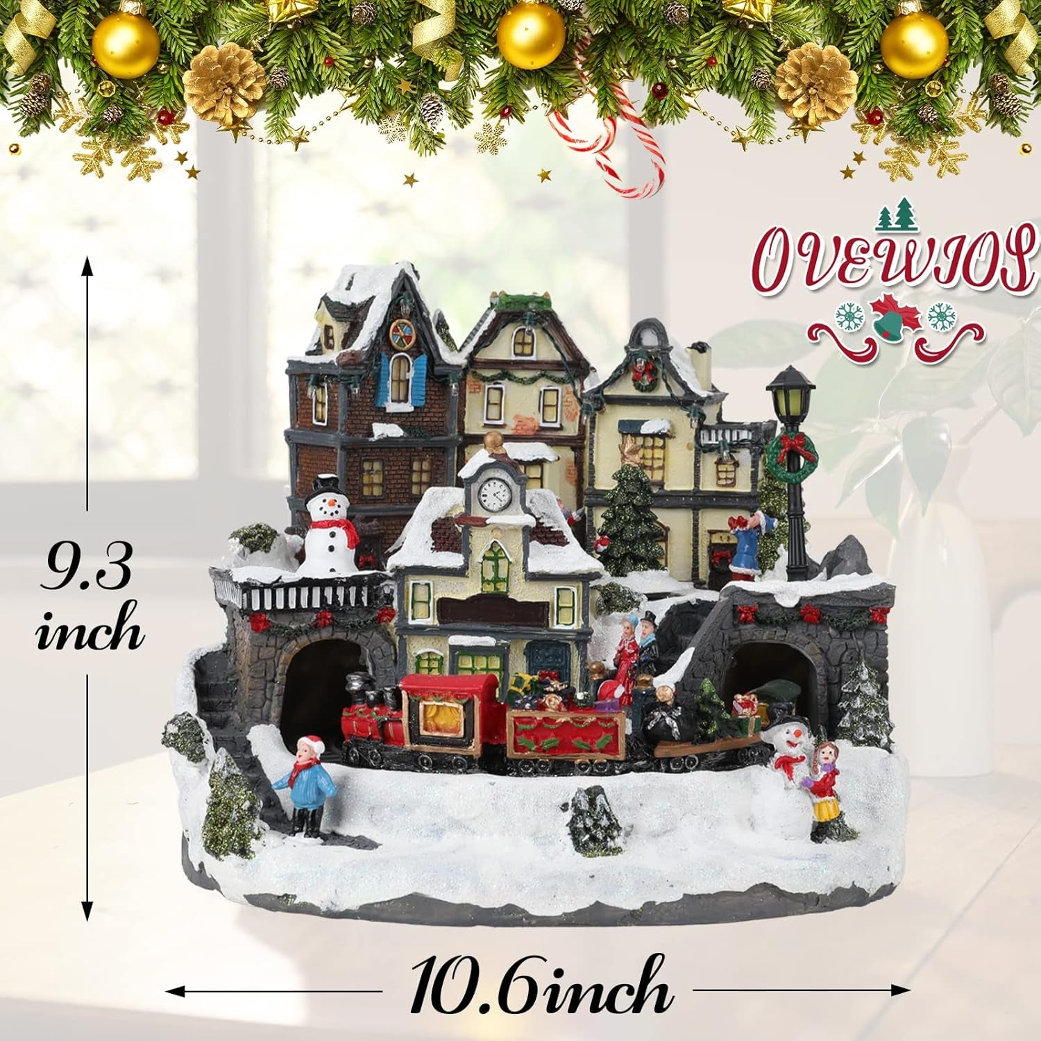 Christmas Village Decor Set with Train and LED Lights