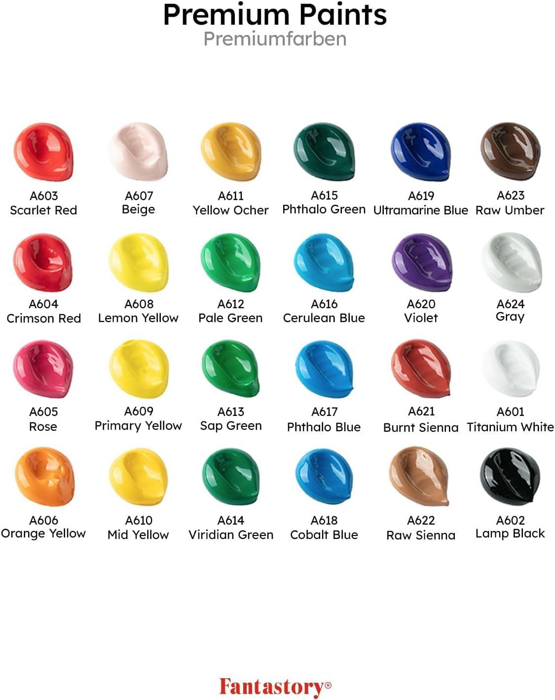 Fantastory Professional Acrylic Paint Set - 24 Colors (60 ml Each) with 12 Brushes; Waterproof for Art and DIY Projects on Various Surfaces Including Canvas, Wood, Glass, Clay, Fabric, Ceramic, and Paper