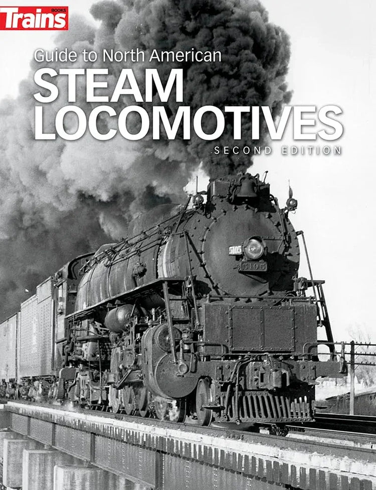 Photo of the cover for "Comprehensive Guide to North American Steam Locomotives" book showing steam locomotive illustrations.