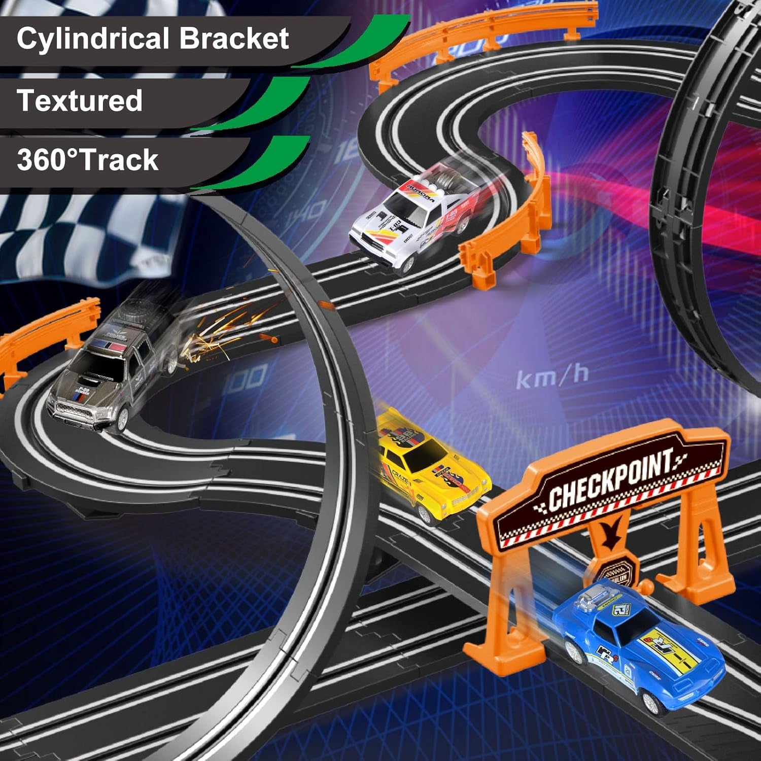 Slot Car Racing Track Set with 4 Electric Cars and Dual Track System, Includes Flash Bridge and Pendulum Toys - Perfect Gift for Children Aged 6 to 8 Years