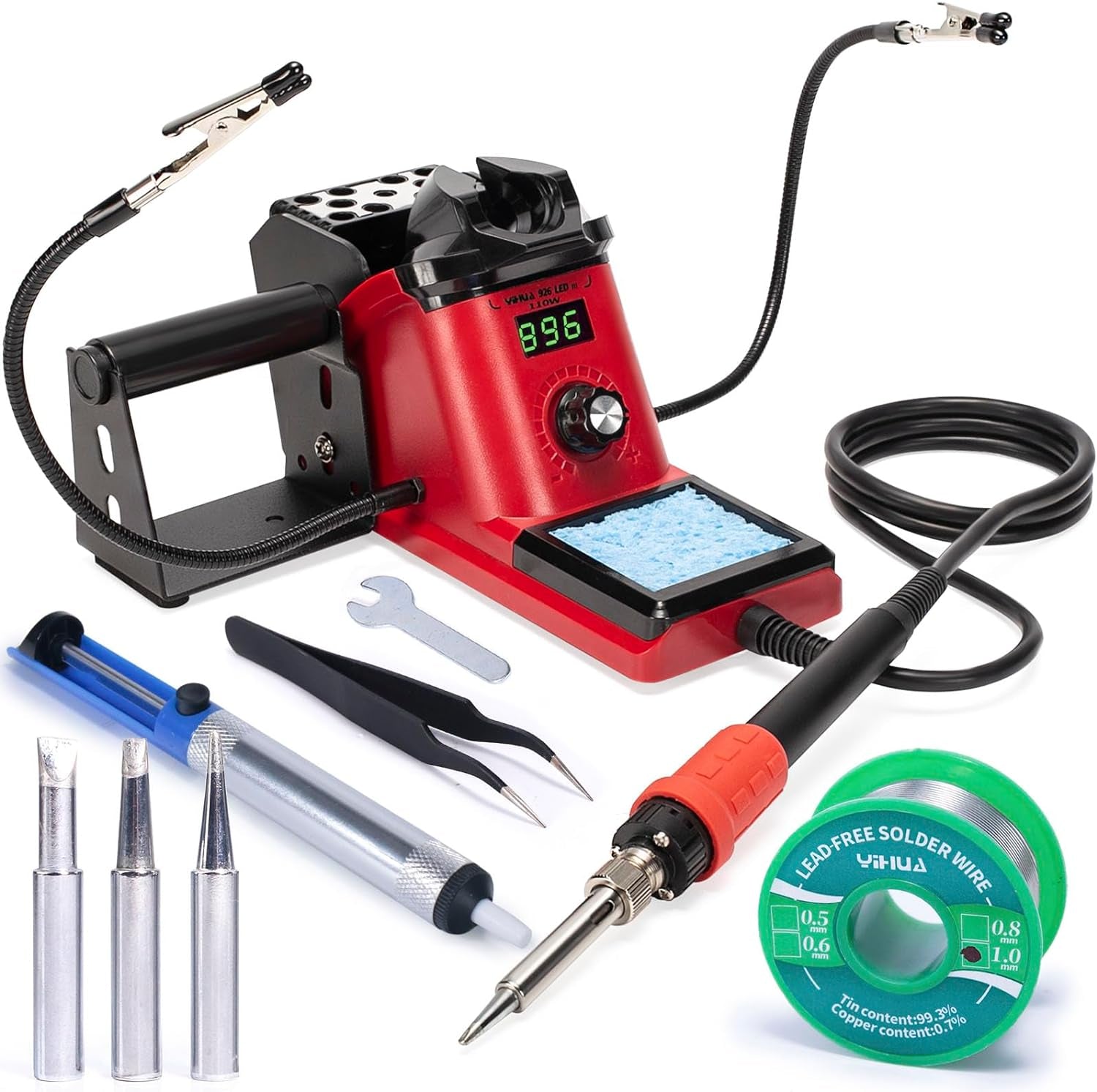 YIHUA 926 III 110W Soldering Iron Station Kit with LED Display, 2 Helping Hands, 3 Extra Iron Tips, 35G Lead-Free Solder, Solder Sucker, S/S Tweezers, °C/°F Conversion, Calibration & Sleep Features
