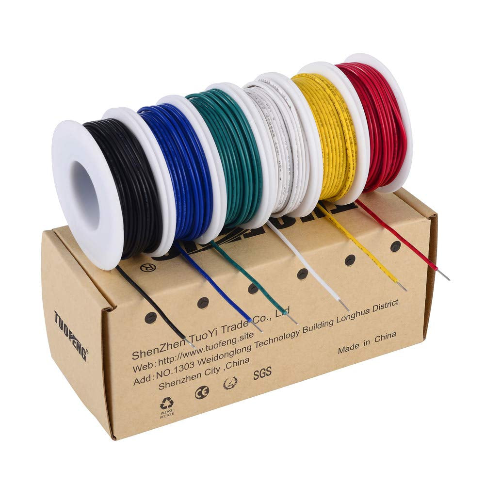 TUOFENG 22 AWG Solid Core Hookup Wire - 6 Color Variety, 30 Ft Each, PVC Insulated Electronic Wire for Arduino Projects