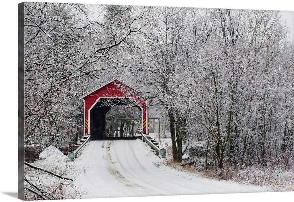 CANVAS on DEMAND Red Covered Bridge in the Winter; Adamsville Quebec Canada Canvas Wall Art Print by David Chapman, Home Decor, Frost, Winter Artwork, 24"X16"