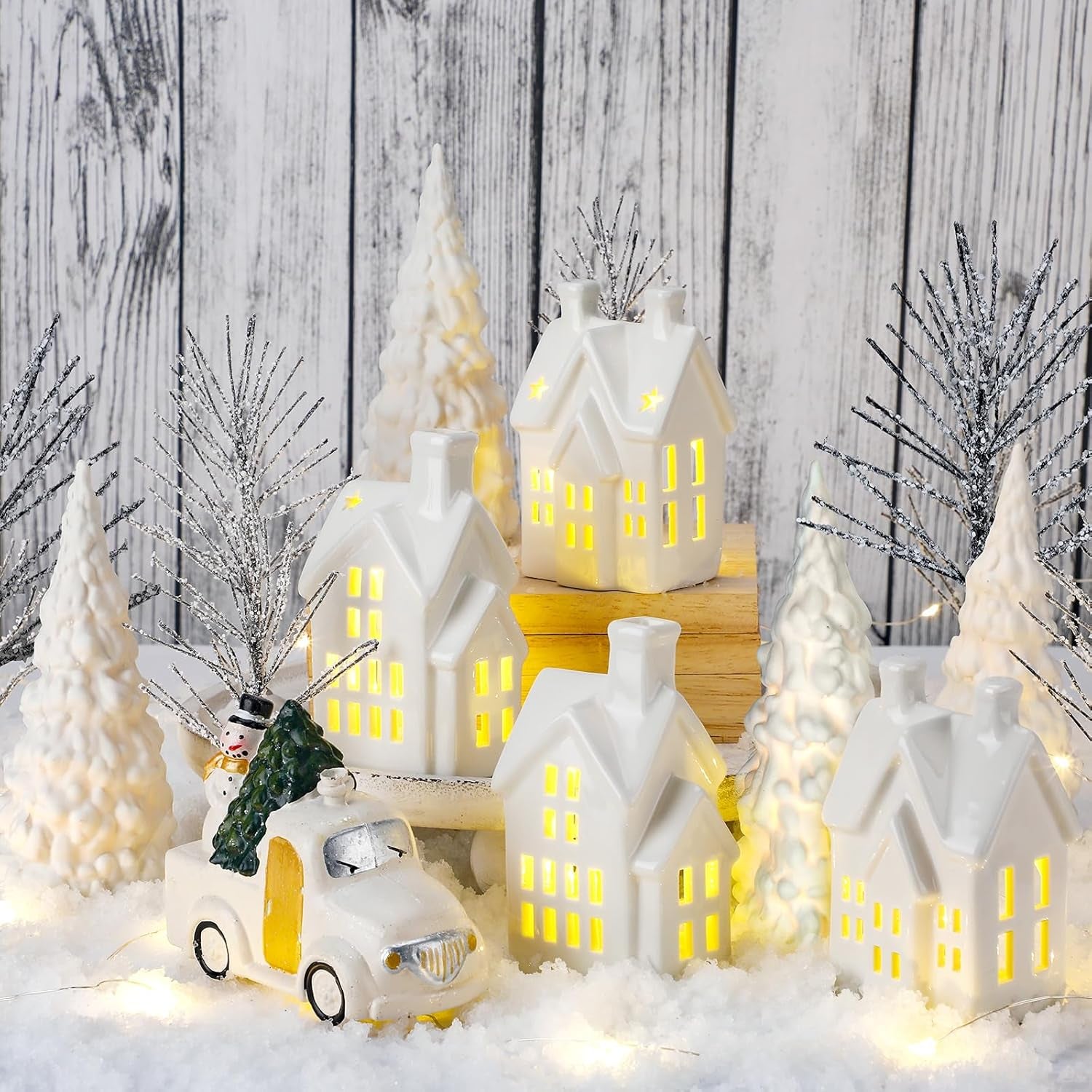 17-Piece Ceramic Christmas Village Collection Featuring Snow-Covered Trees and Truck