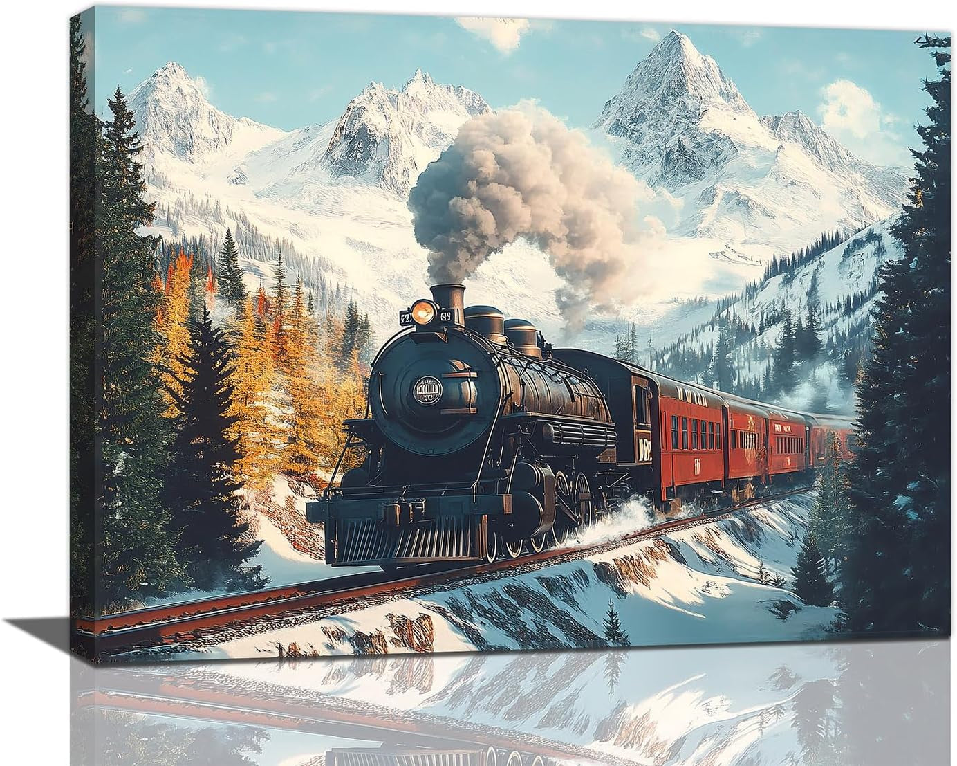 Trian Wall Art, Winter Train Pictures Wall Decor, Mountain Forest Railway Canvas Prints Painting, Framed Artwork for Bathroom Living Room Bedroom Dining Room Office Home Decorations 16"X12"
