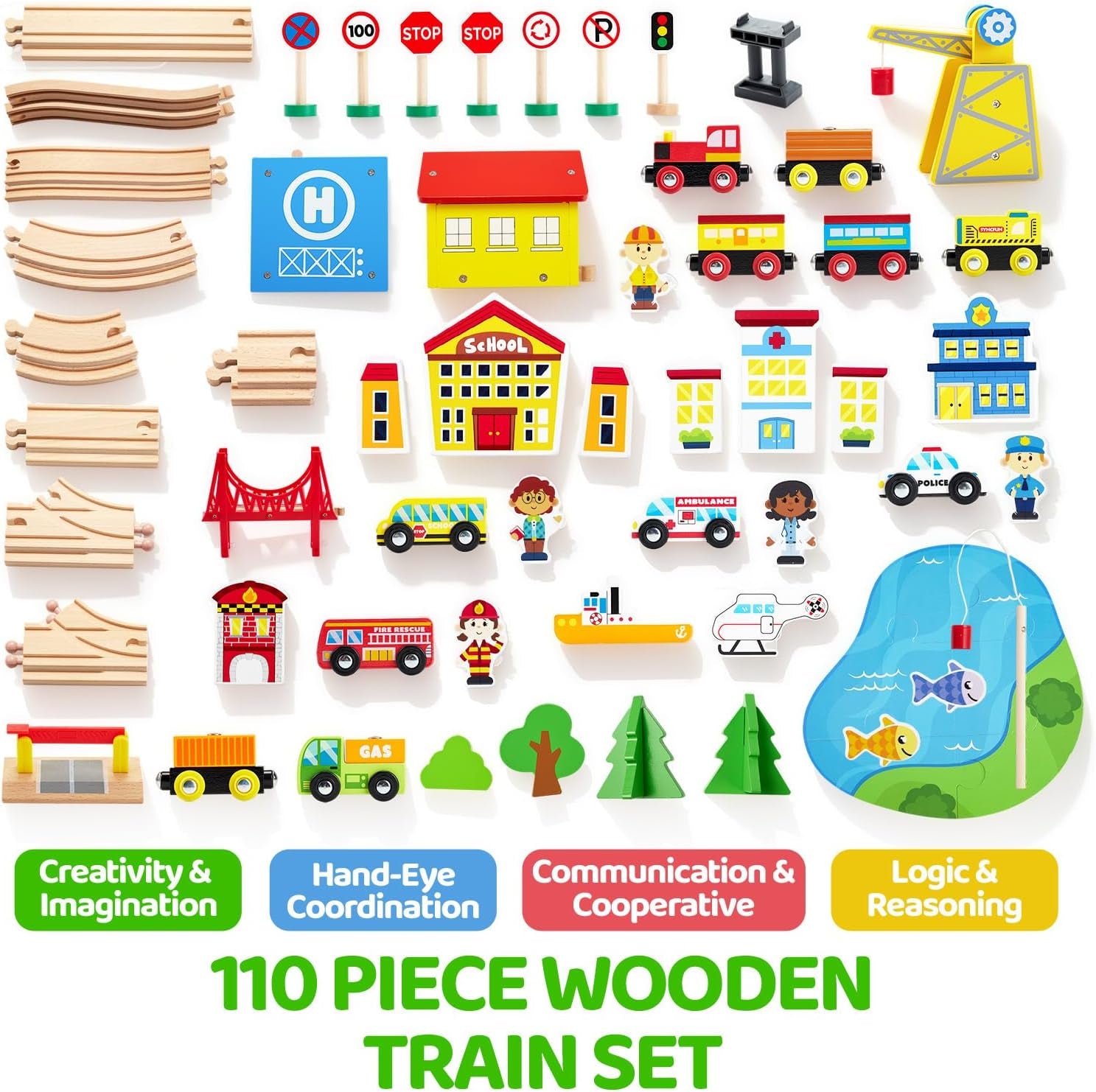 Explore Endless Adventures with the 110-Piece Magnetic Wooden Train Set - City Scene Railway for Kids Ages 3-8, Perfect Gift for Birthdays and Christmas!
