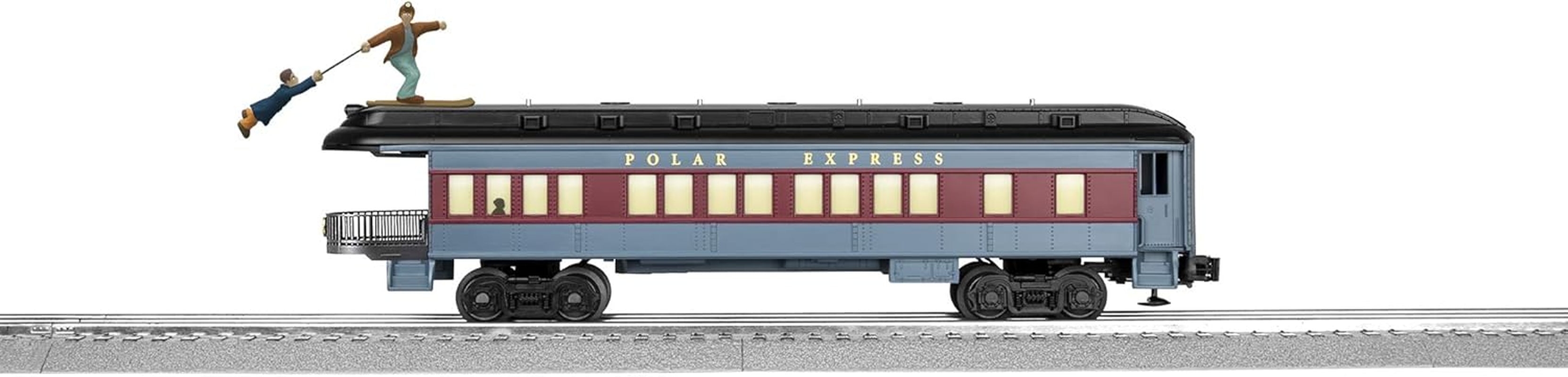 Lionel Polar Express O Gauge Electric Model Train - Skiing Hobo Observation Car with Stylish Black Roof