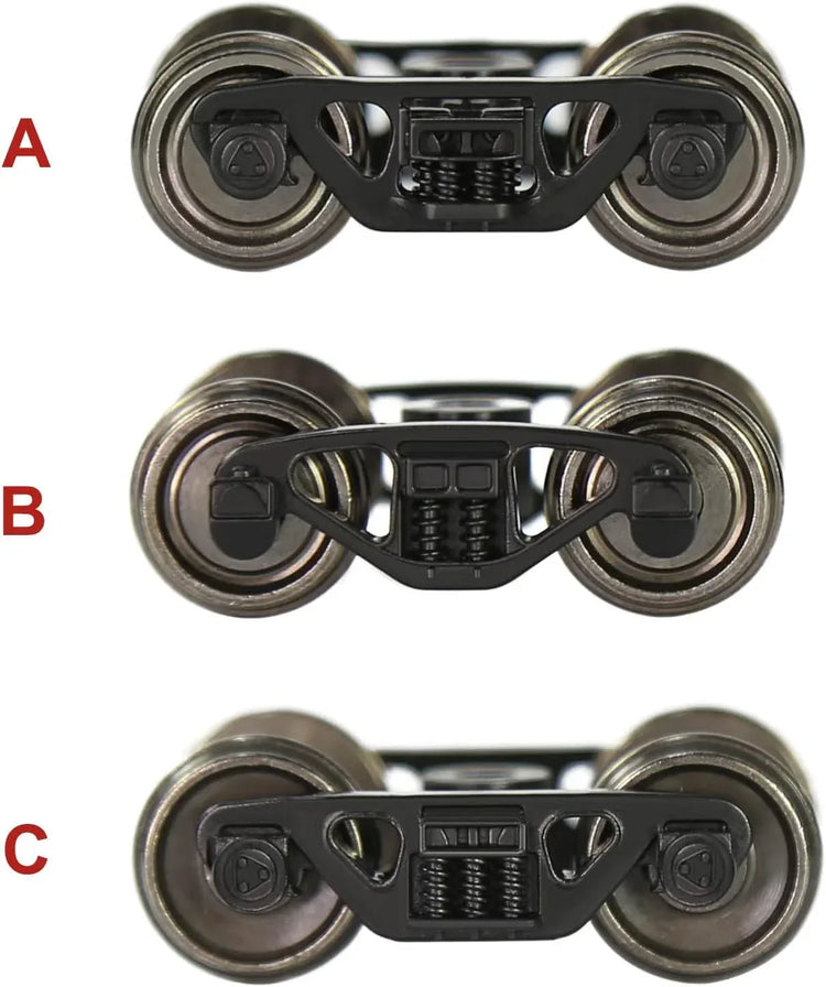 HO scale 1:87 Evemodel roller bearing truck set with 36" metal DC wheels and triple-spring bogies, four-piece model.