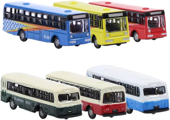 Set of six evemodel BS150 diecast model buses in 1:160 N scale, ideal for urban and railway scenery displays.