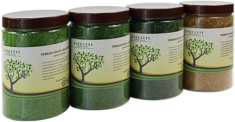 Evemodel CFA4 4 x 300ml green static grass terrain powder for fairy gardens, miniatures, landscapes, and model railway layouts