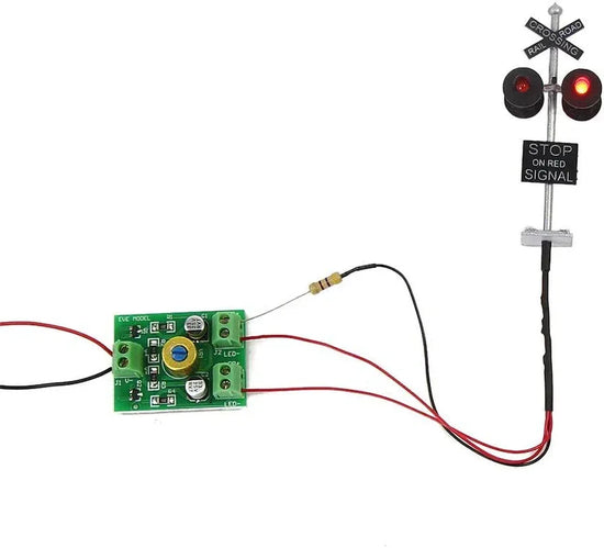 Evemodel HO scale railroad crossing sign set with four LED flashing red signals and circuit board flasher for model train layouts