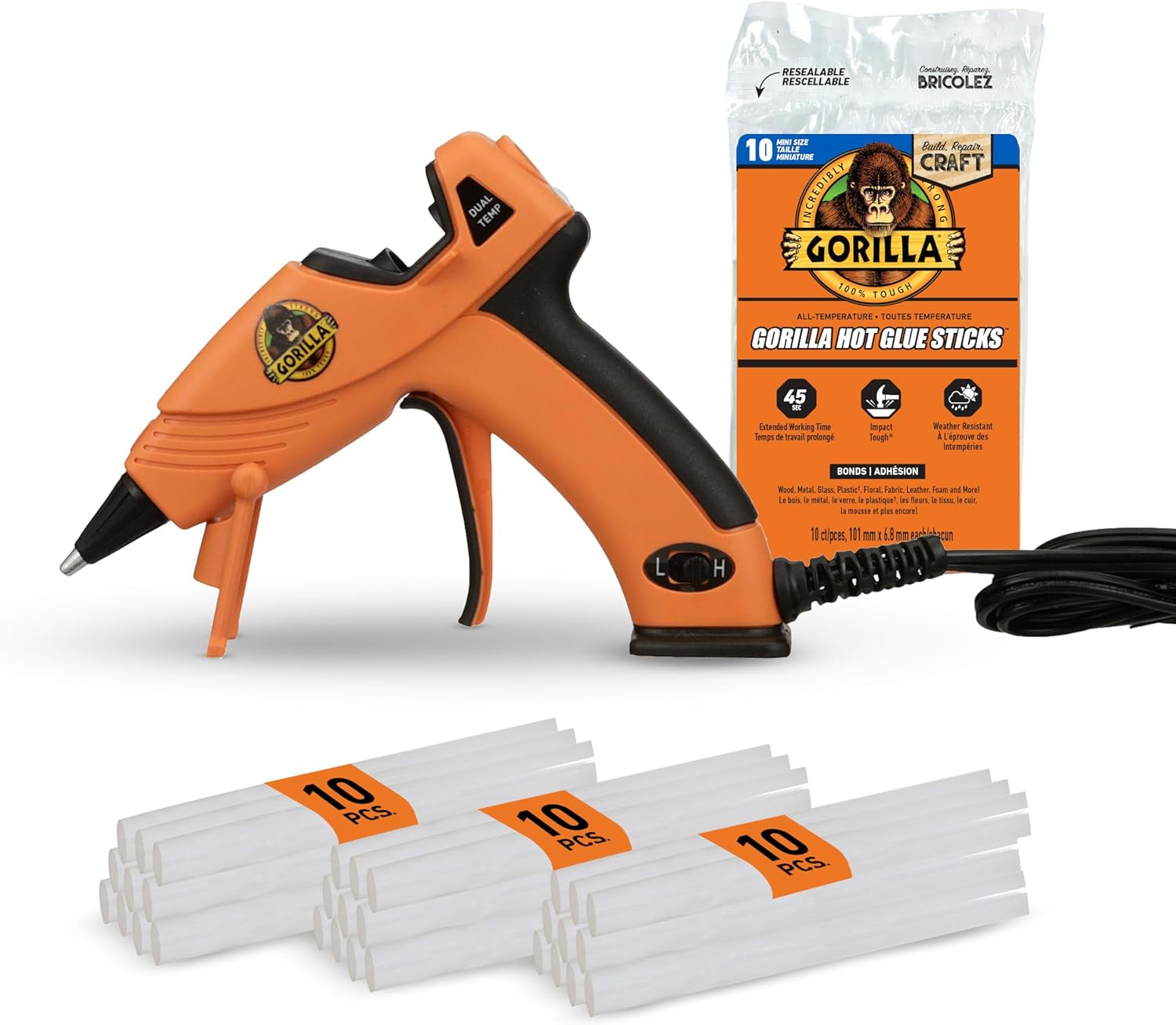 Gorilla Mini Hot Glue Gun Kit - Includes 1 Mini Hot Glue Gun and 30 Glue Sticks, Dual Temperature, Precision Nozzle, Easy Squeeze Trigger