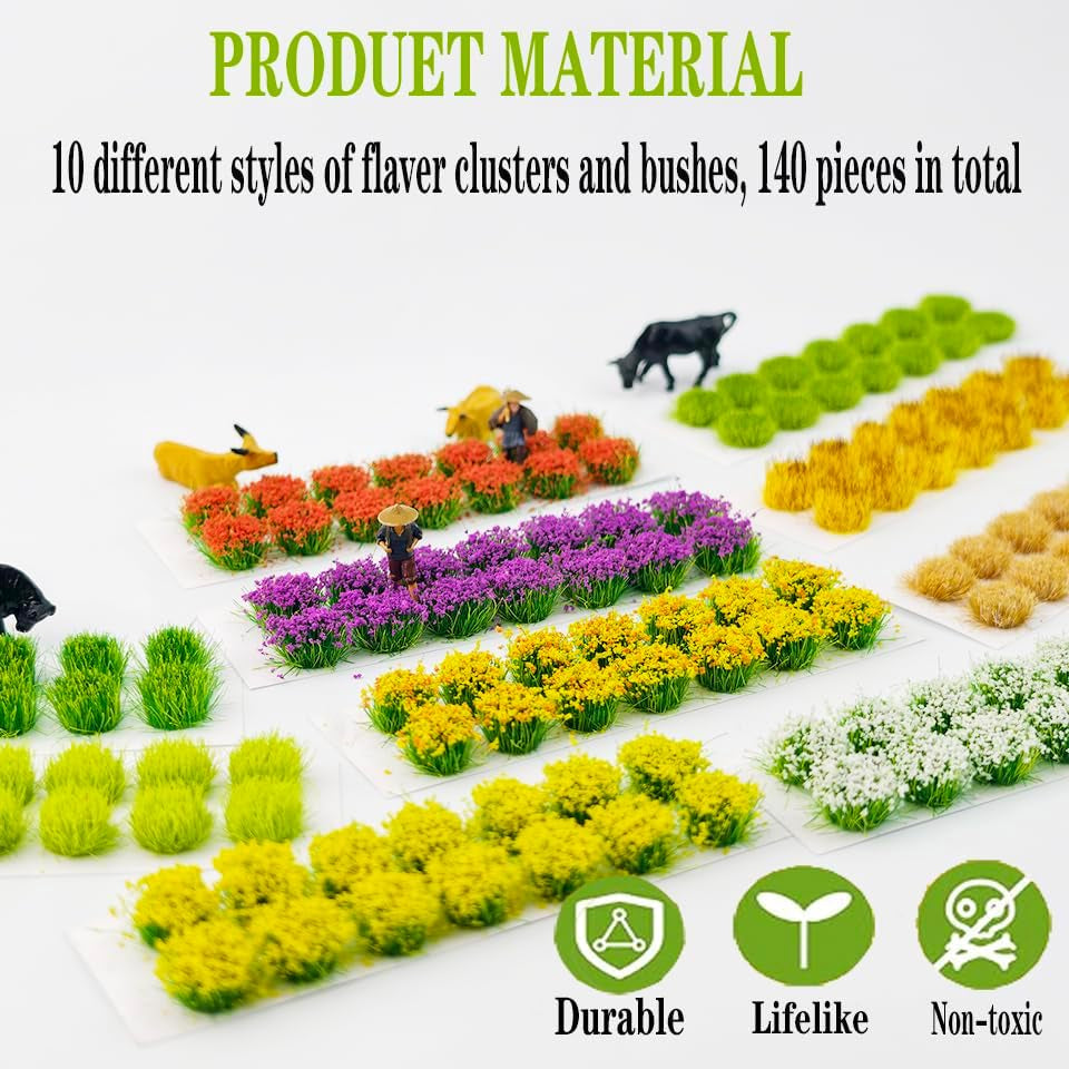 140-Piece DIY Miniature Colorful Flower Cluster Self-Adhesive Vegetation Groups for Train Landscape, Railroad Scenery, Military Layouts, and Dioramas