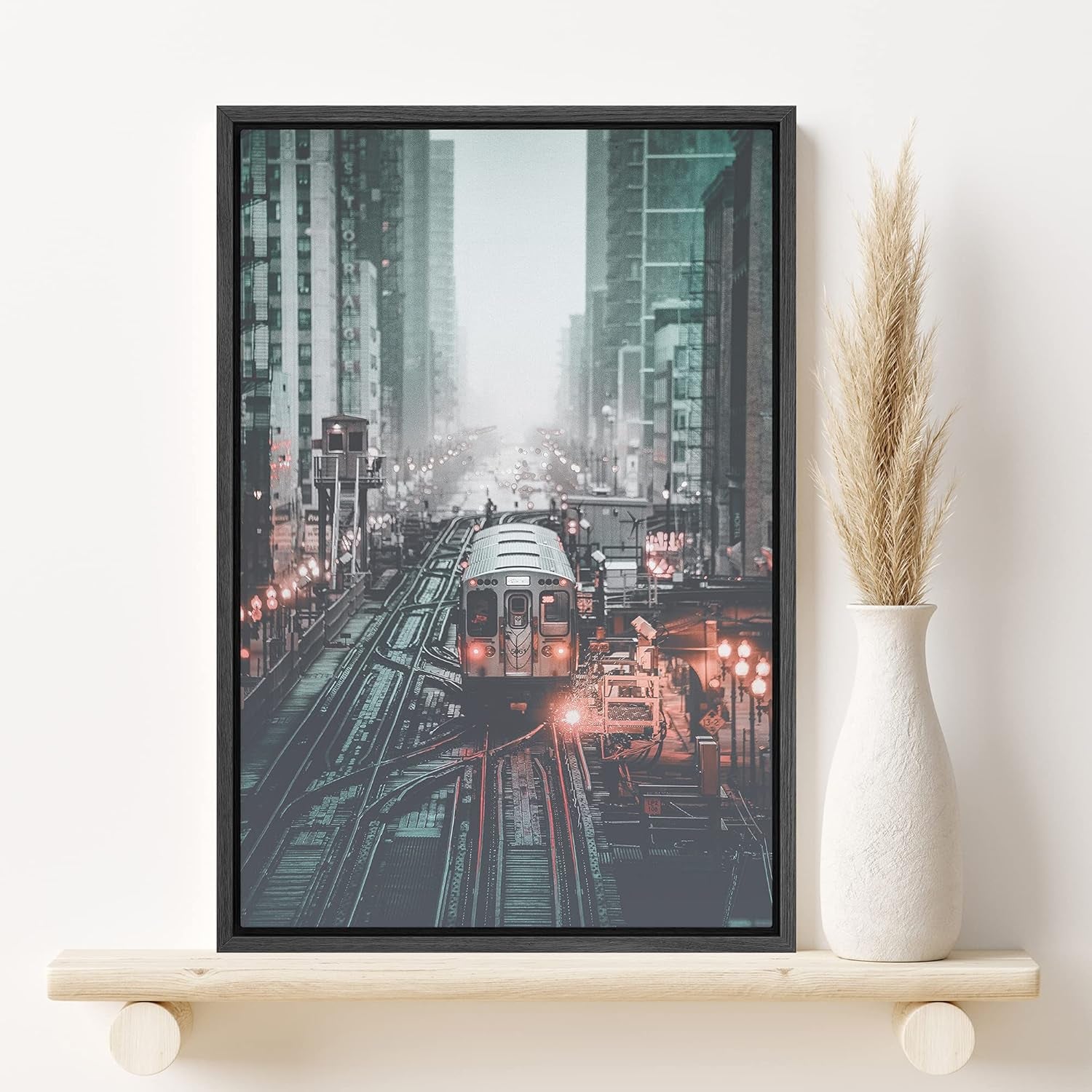 Framed Canvas Print Wall Art Trains between Skyscrapers Places Cityscape Photography Modern Art Bohemian Scenic Colorful Multicolor Ultra for Living Room, Bedroom, Office - 16"X24" BLACK