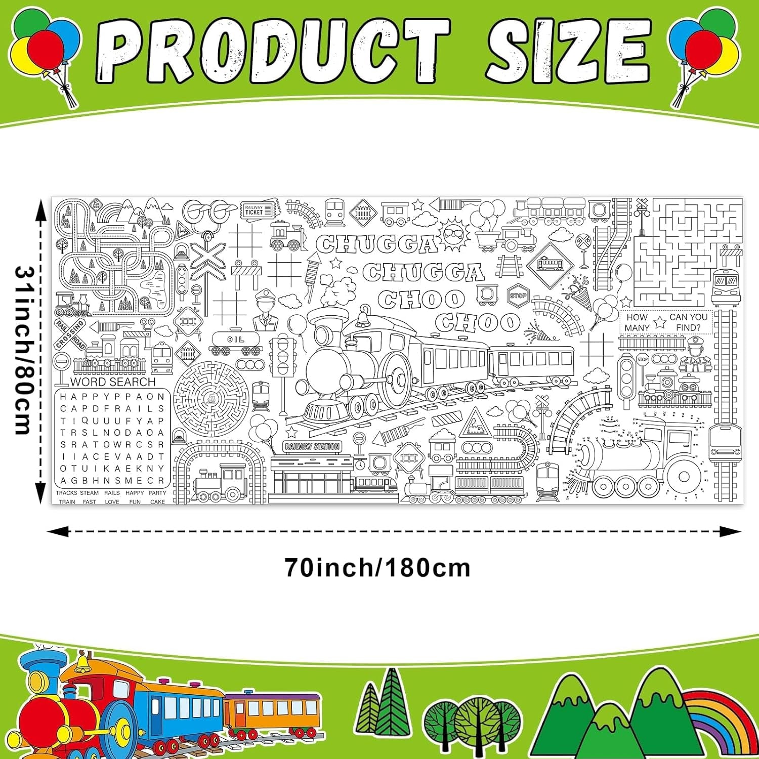 Train Giant Coloring Poster Train Large Versatile Activity Drawing Paper Coloring Tablecloth DIY Trains Theme Game Poster Table Cover Children Art Crafts Coloring Mat Home Classroom Party Suppiles