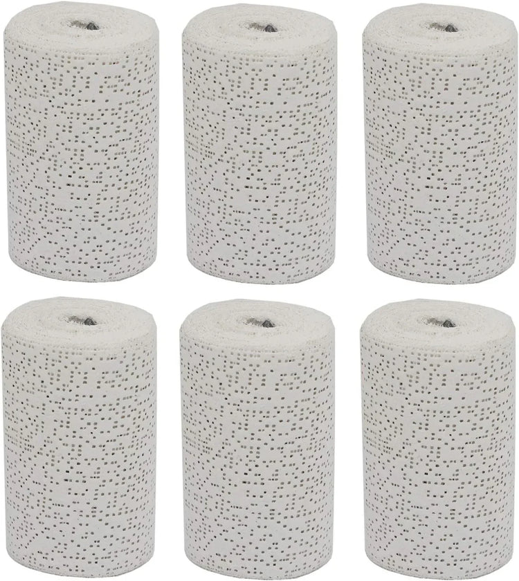 Two white plaster cloth gauze bandage rolls, 6-inch x 15-feet, used for art, body casting, masks, sculpture, and crafting.