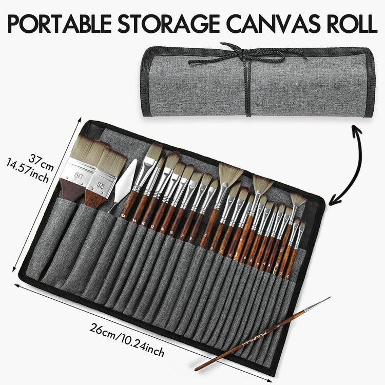 Set of 25 professional acrylic paint brushes by Fuumuui, featuring various brush sizes and shapes for detailed art projects.