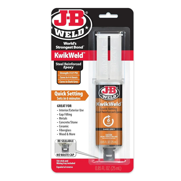 J-B Weld Kwikweld 6-Minute Set waterproof epoxy in dark grey, 2-pack, for high-strength repairs and bonding.