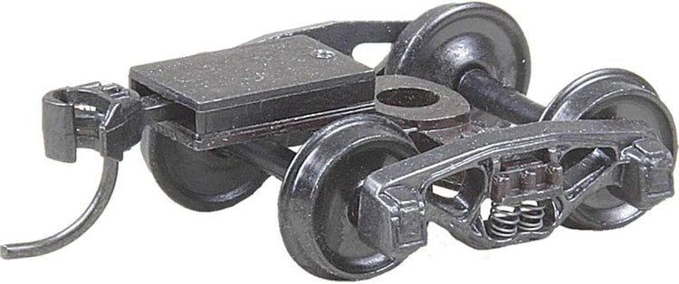 Kadee HO scale Bettendorf 50-ton trucks with springs, couplers, and 33-inch wheels, set of 2 for model train locomotives.