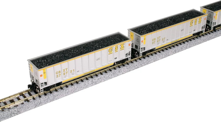 Kato USA Bethgon Coalporter 8-car model train set in CSX gondola style with detailed freight car features.