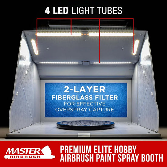 Master Airbrush portable spray booth kit with dual exhaust fans, LED light, turntable, and extension hose for painting and crafts.