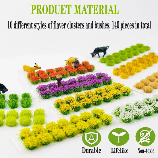 Miniature World Model 140-piece colorful floral cluster set for DIY train landscape scenery with self-adhesive vegetation groups.