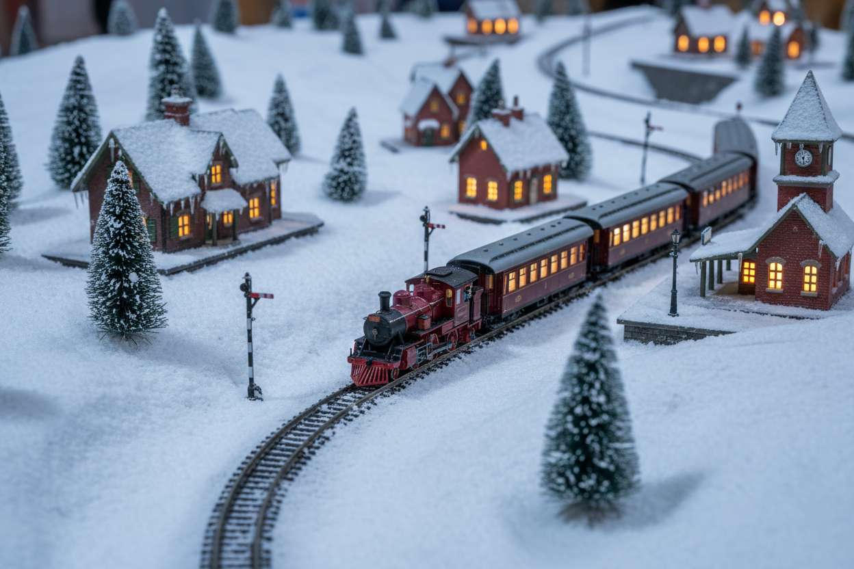 Model railroad in winter landscape