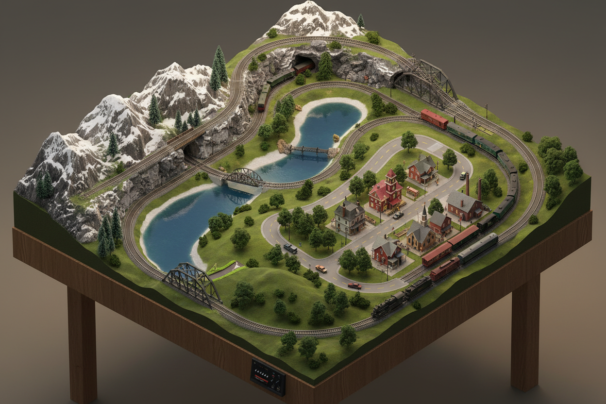 Model railroad track plan 3D on 8x4 foot table with mountains, valleys, roads, rivers, lakes, small town, with scenery