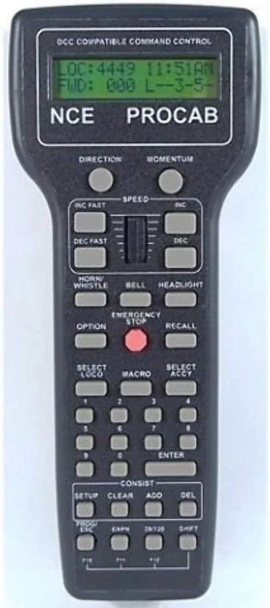NCE Corporation Deluxe Pro Cab Model 5240010 control system with hand-held controller and display screen.