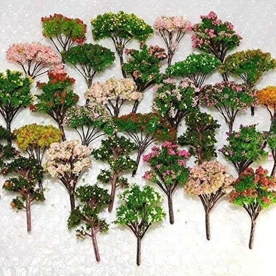 Set of 32 vibrant colored assorted trees for model landscapes, ideal for train scenery and architectural displays, by NW.