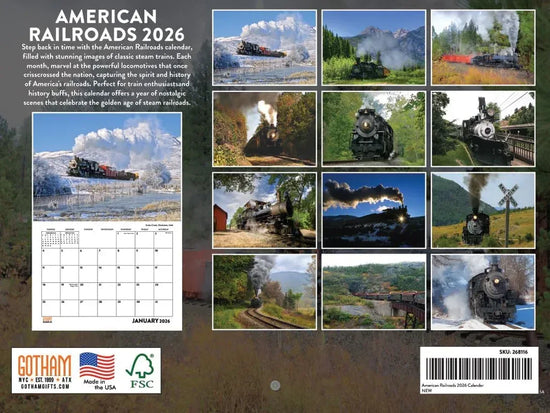 American Railroad Monthly Wall Calendar 2026 Steam Train Edition by Poster Foundry showing vintage train illustrations.
