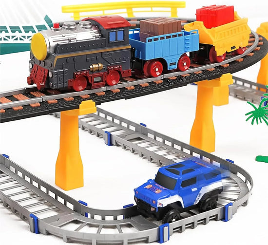 Qishu electric train set for children with realistic sounds, lights, and tracks, ideal for ages 4 to 8.