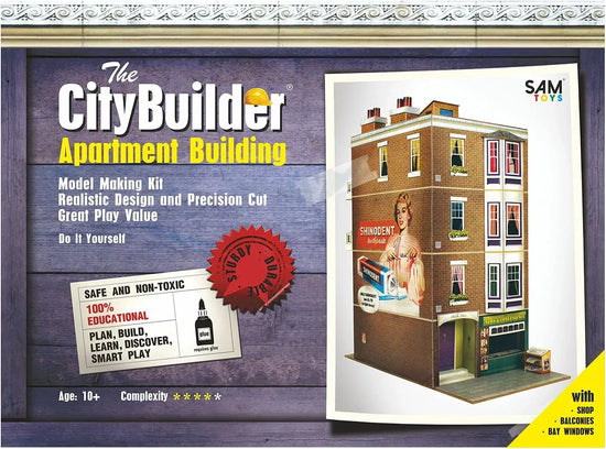 O Scale apartment building cardboard model kit for urban railroad setups, by SAM TOYS, with detailed windows and brick facade.