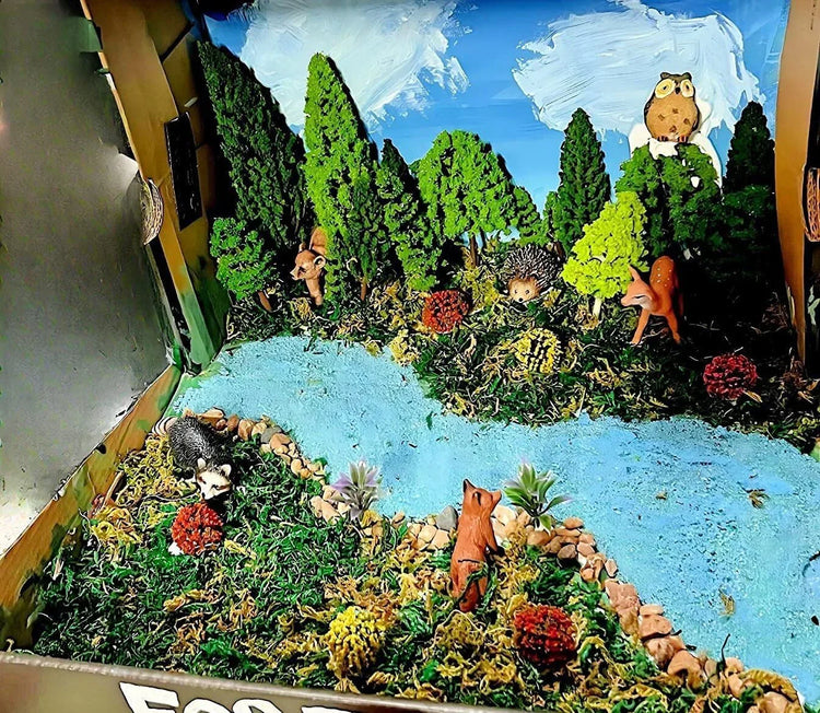 Set of 70 mixed model trees and bushes with animal figures for HO scale train scenery, plastic trees for model projects.