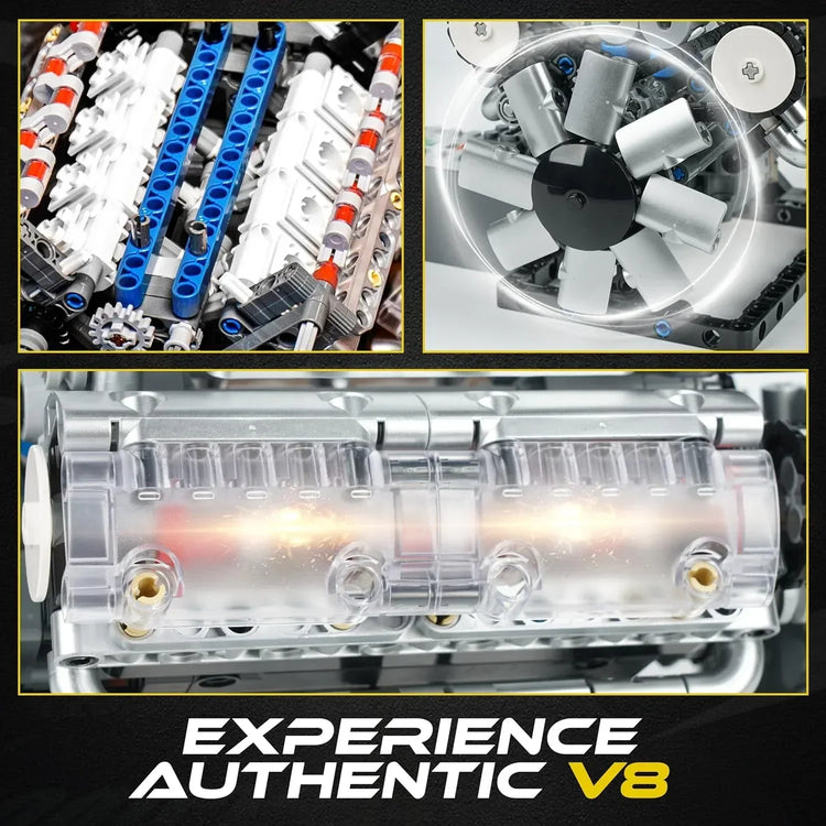 Turtten V8 Engine Model Kit featuring a functional mini V8 engine with visible combustion mechanism, 535-piece STEM engineering set.
