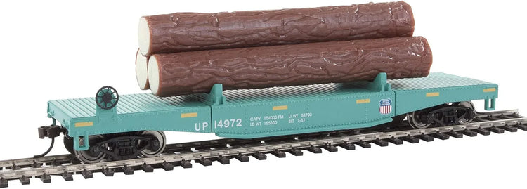 HO Scale Walthers Trainline red log dump car with realistic logs for model train layouts.