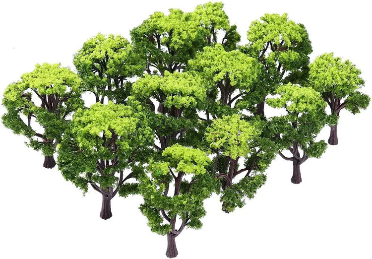 WINOMO 12-piece miniature model trees for train railroad scenery and landscape enhancement, showing detailed small trees for model layouts.