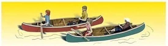 Woodland Scenics O scale canoeist figures set with four figures and two canoes, ideal for model scenery and dioramas.