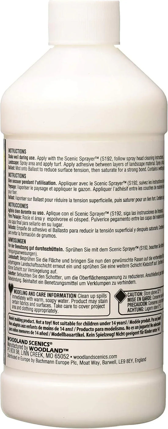 Woodland Scenics Scenic Cement in a 16 oz bottle, used for model railroad and diorama scenery construction.