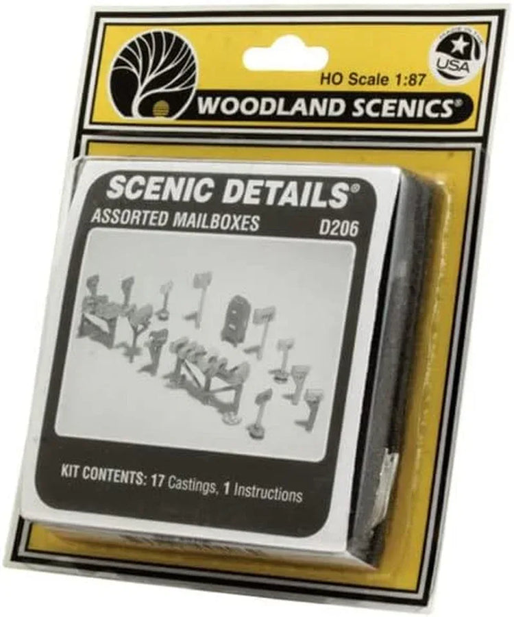 Woodland Scenics D206 HO scale assorted mailbox set with 17 detailed mailboxes for model train scenery.